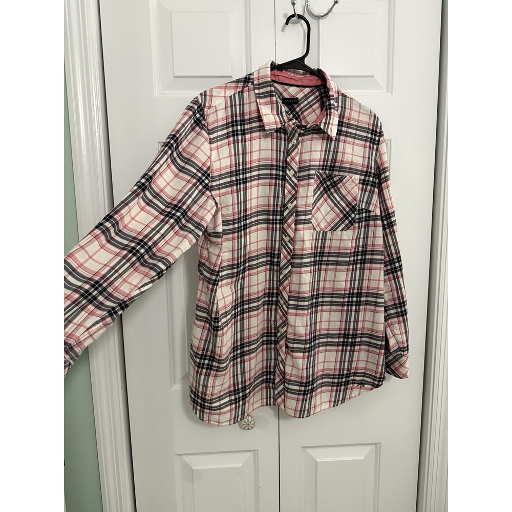Talbots Womens Sz XL Pink Black White Plaid Roll Tab Sleeve Button Down Shirt